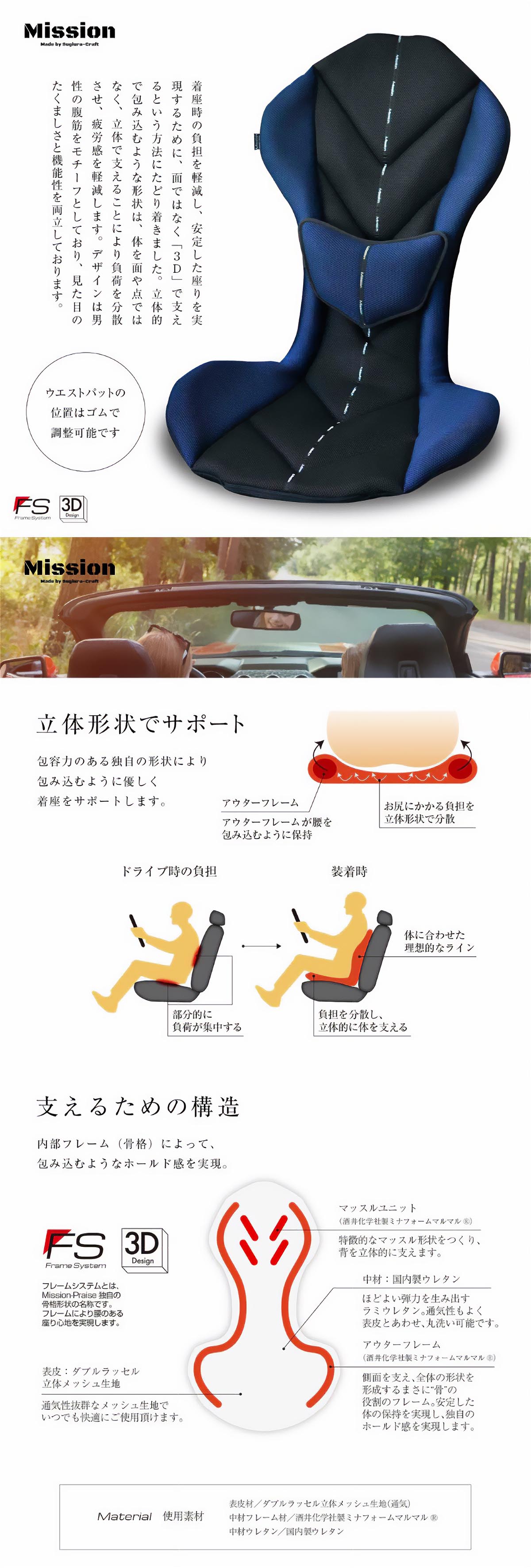 スギウラクラフト Mission Praise REVERSPORT/リバースポルト M-Spec ドライブ専用高機能サポートクッション