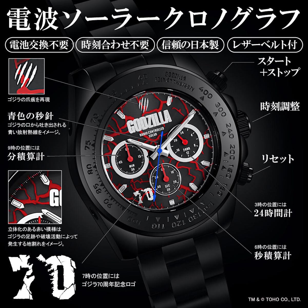 ゴジラ生誕70周年記念限定モデル 専用ボックス入り シリアルナンバー付き 電波ソーラークロノグラフ腕時計