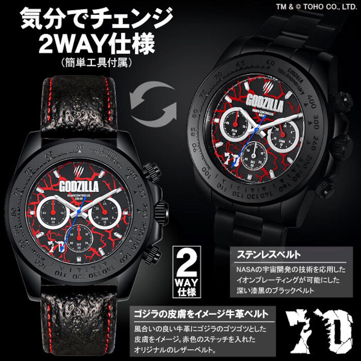 ゴジラ生誕70周年記念限定モデル 専用ボックス入り シリアルナンバー付き 電波ソーラークロノグラフ腕時計
