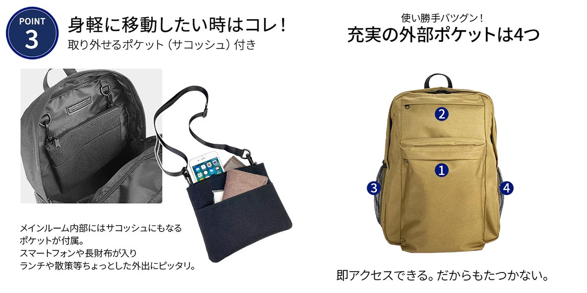 平野 モビーズ サコッシュ付きリュック（デイパック用レインカバー）セット