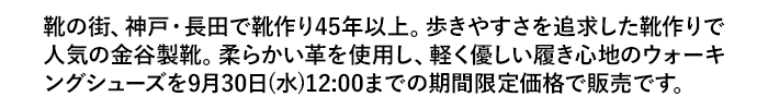 柔らかい革を使用し、軽く優しい履き心地のウォーキングシューズを9月30日（水）12:00までの期間限定価格で販売です。