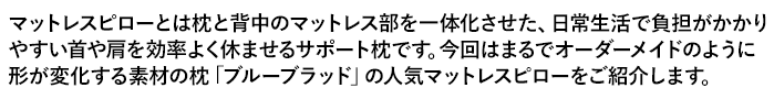 マットレスピローとは枕と背中のマットレス部を一体化させた、日常生活で負担がかかりやすい首や肩を効率よく休ませるサポート枕です。今回はまるでオーダーメイドのように形が変化する素材の枕「ブルーブラッド」の人気マットレスピローをご紹介します。
