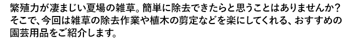 繁殖力が凄まじい夏場の雑草。簡単に除去できたらと思うことはありませんか？そこで、今回は雑草の除去作業や植木の剪定などを楽にしてくれる、おすすめの園芸用品をご紹介します。