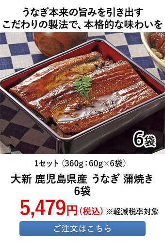 大新 鹿児島県産 うなぎ 蒲焼き 6袋