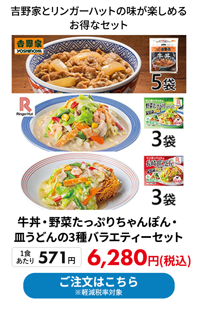 牛丼・野菜たっぷりちゃんぽん・皿うどんの3種バラエティーセット