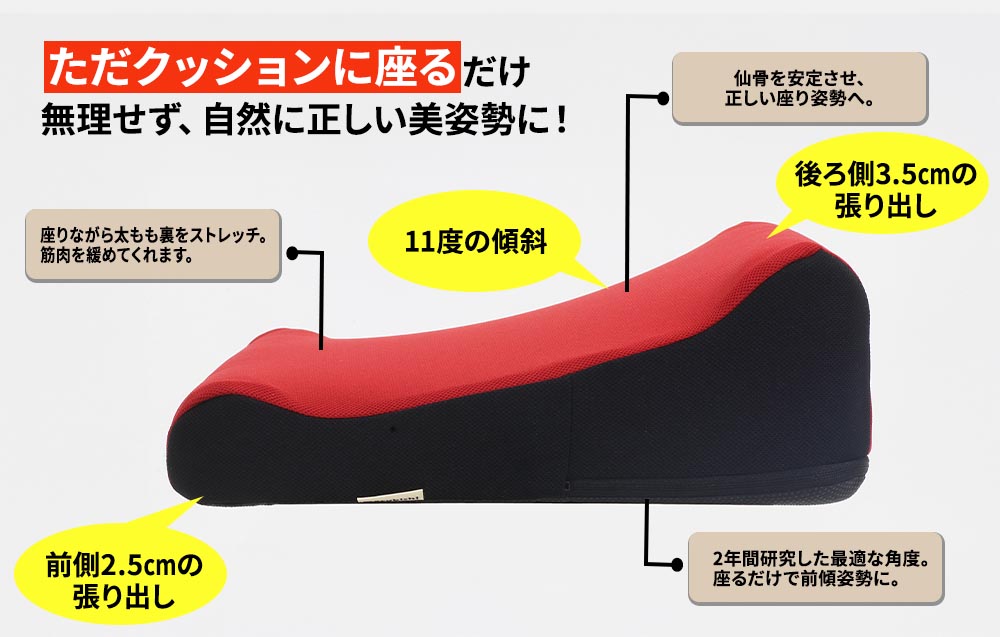 正しい姿勢と立ちやすさを追求!裏モモのストレッチも促す新感覚クッション